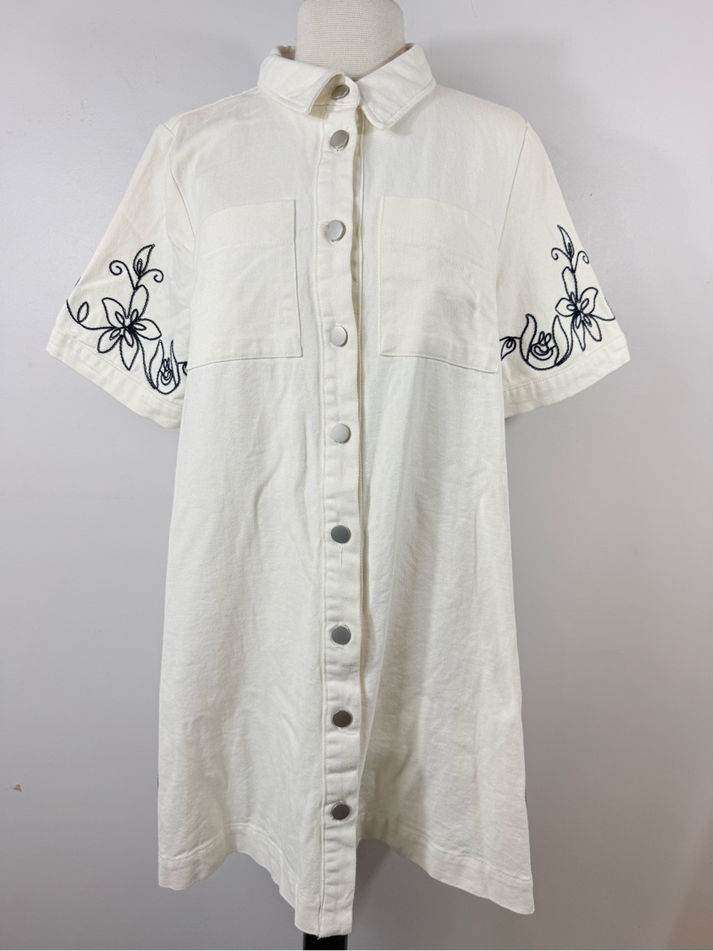 Merci Cream Embroidered Button Front Shirt Dress Large 100% Cotton Floral US L